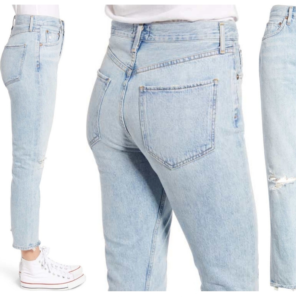 AGOLDE Riley Light Wash Distressed High Rise Straight Cropped Jeans - Picture 4 of 16